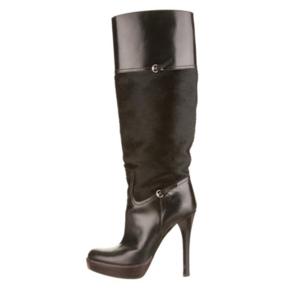 GUCCI Black Leather & Pony Hair BONNIE Platform
Knee High Heeled Boots
